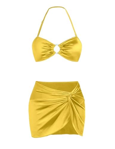 seamoly 3 Piece Swimsuits for Women Shiny Bikini Sets Thong Swim Suit Beach Cover Ups Wrap Bathing Suits Sarong Sand Yellow S - Image 1
