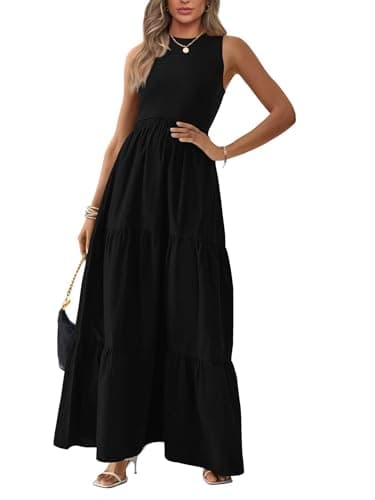 BTFBM Women Sleeveless Summer Dresses Wedding Guest Maxi Dresses Ribbed Knit Tops and Polyester Skirt with Pockets(Solid Black,Medium) - Image 1