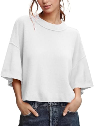 ZDC Women's Oversized Sweaters Summer Short Sleeve Casual Cropped Tops Lightweight Loose Fit Knit Pullover White - Image 1