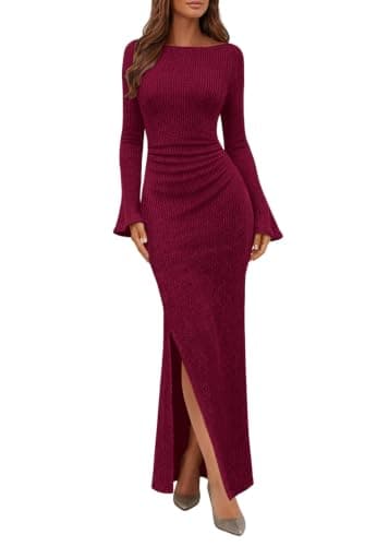 Lazysmile Women's Long Sleeve Bodycon Maxi Dress Crewneck Ruched Slit Ribbed Knit Formal Wedding Guest Cocktail Dresses Wine Red - Image 1