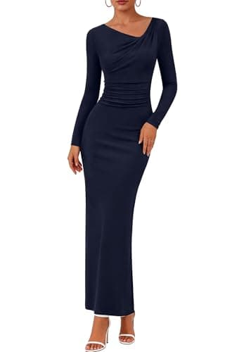 Lazysmile Women's Long Sleeve Asymmetrical Neck Bodycon Maxi Dress Back Slit Ruched Party Cocktail Wedding Guest Dressees Navy - Image 1