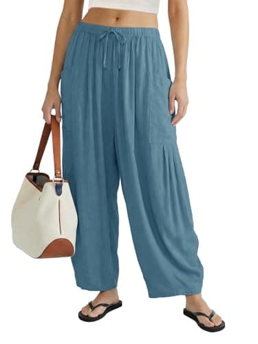 COCOMARTS Womens Linen Wide Leg Palazzo Pants Casual Loose Elastic Drawstring Flowy Pant 2025 Fall Travel Baggy Harem Pants with Pocket Lake Blue Small - Image 1