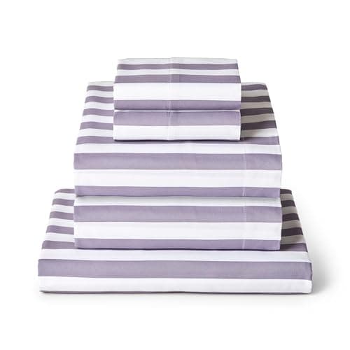 Mellanni Split King Sheets Set - 5 PC Iconic Collection Bedding - Hotel Luxury, Soft, Cooling Bed Sheets - Wrinkle, Fade, Stain Resistant (Split King, Oxford Stripe Hazy Lilac) - Image 1
