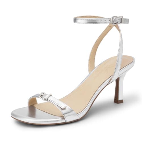 Athlefit Silver Heels for Women Kitten Heeled Sandals Square Open Toe Ankle Strap Stiletto Heels for Prom Party Wedding Dress Shoes Size 5.5 - Image 1