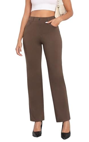 Agenlulu High Waisted Dress Pants for Women Tall Straight Leg Pull On Black Work Slacks 31.5", Brown - Image 1