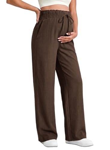 BLENCOT Womens Maternity Clothes Adjustable Waisted Straight Leg Over Belly Pregnancy Pants Dressy Lounge Palazzo Pants Fall Winter Business Casual Work Office Trousers with Pockets X-Large Coffee - Image 1