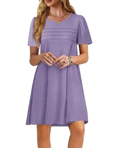 Imily Bela Womens Summer Casual T Shirt Dress Short Sleeve Crewneck Pleated Front Loose Beach Flowy Mini Dresses Purple - Image 1