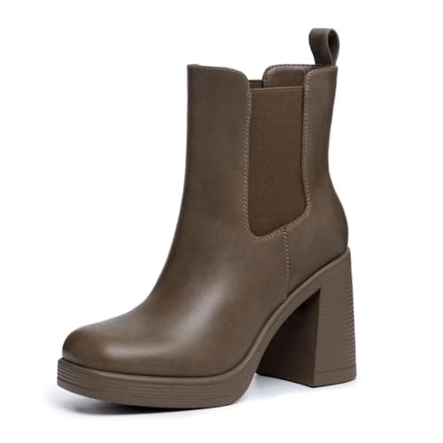 Athlefit Women's Chelsea Platform Boots High Chunky Heel Brown Ankle Boots Square Toe Slip On Elastic Heeled Booties Size 7.5