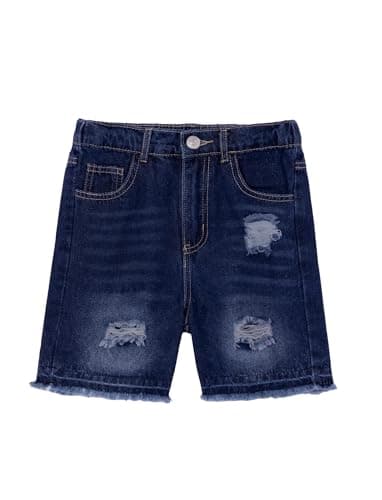 PATPAT Boys Denim Shorts Ripped Holes Soft Elastic Band Jeans Shorts with Pockets Casual Mid Elastic Waist Baggy Jorts Dark Blue, 5-6Y - Image 1