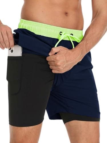Mens Swim Trunks Compression Liner No Mesh Swimming Trunks Men Swimwear Quick Dry Above Knee Zipper Pocket Swim Shorts - Image 1