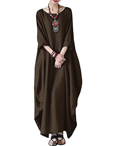 Celmia Women's 3/4 Sleeve Round Neck Solid Loose Long Maxi Dress Cotton Gown with Side Pockets A-Coffee 2XL - Image 1