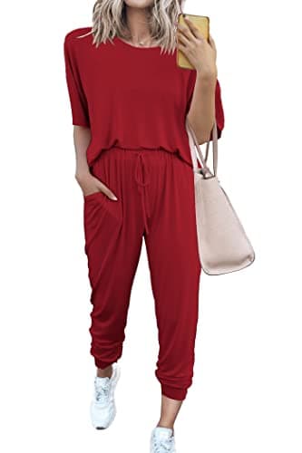 PRETTYGARDEN Women's Two Piece Lounge Sets 2026 Spring Summer Jogger Pants Vacation Outfits Travel Airplane Matching Clothes (Red,3X-Large)