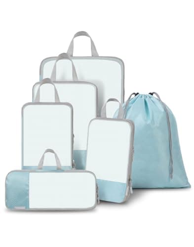 WOOMADA Compression Packing Cubes for Suitcases Travel Essentials 6 Set Rectangle Mesh Expandable Travel Bags Organizer for Luggage(turquoise) - Image 1