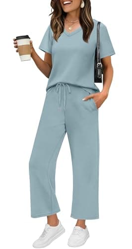 WIHOLL Two Piece Sets For Women Summer Loungewear Matching Sets Fitness Clothing Petite Capri Pants Spring Break Airplane Essentials Vacation Outfits Beach Fashion 2025 Turquoise S - Image 1