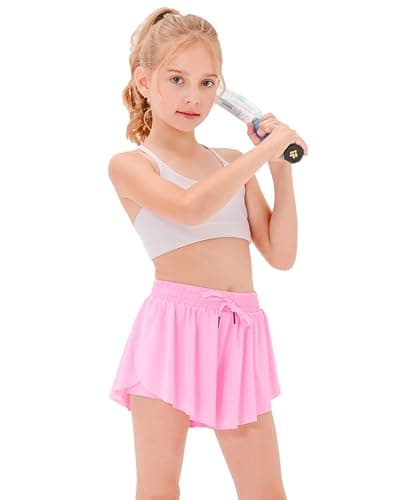 Stelle Girls Flowy Shorts with Pockets Athletic Running Skirt High Waist Butterfly 2 in 1 Sports Short 5-16 Years(Cotton Candy,S) - Image 1
