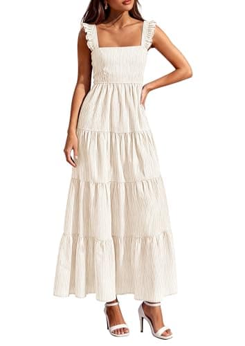 PRETTYGARDEN Womens 2026 Summer Casual Maxi Dresses Striped Square Neck Sleeveless Boho Flowy Sundress Beach Vacation Clothes (Khaki,X-Large) - Image 1