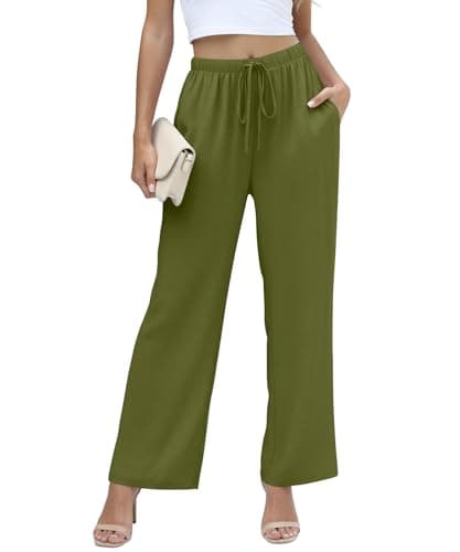 NILOUFO Women Summer Casual High Waist Wide Leg Pants Fashion Lightweight Flowy Boho Beach with Pockets(Army Green, Large) - Image 1