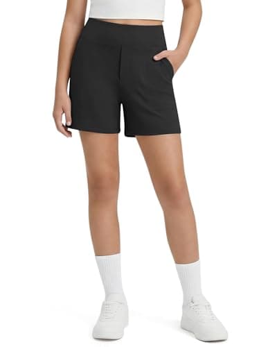 G4Free Athletic Shorts for Girls 5'' High Waist Uniform Shorts with Pockets for Yoga Running Gymnastics Lounge (Black,M) - Image 1
