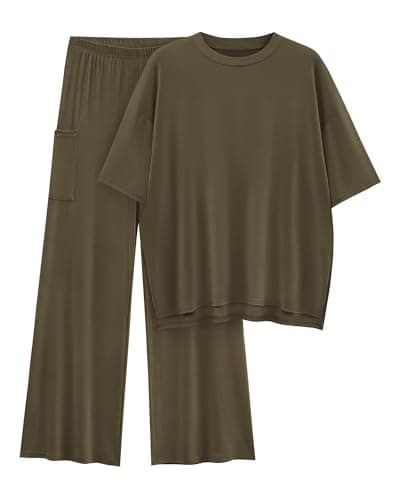 KIRUNDO 2 Piece Lounge Sets for Women Airport Travel Vacation Outfits Summer Casual Loose Short Sleeve Tops & Wide Leg Pants(Army Green, Small) - Image 1