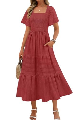 MEROKEETY Women's 2026 Summer Flowy Midi Maxi Dress Short Sleeve Square Neck Smocked Tiered Ruffle Boho Dresses with Pockets, Red, M - Image 1