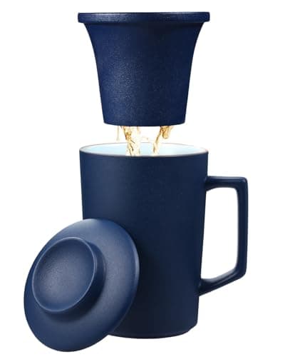 Foinly 15 oz Ceramic Tea Infuser Cup with Lid - Tea Mug with All Porcelain Strainer for Loose Leaf Teas,Microwave and Dishwasher Safe,Metal-Free,BPA-Free for Tea Lovers/Father's Day (Blue) - Image 1