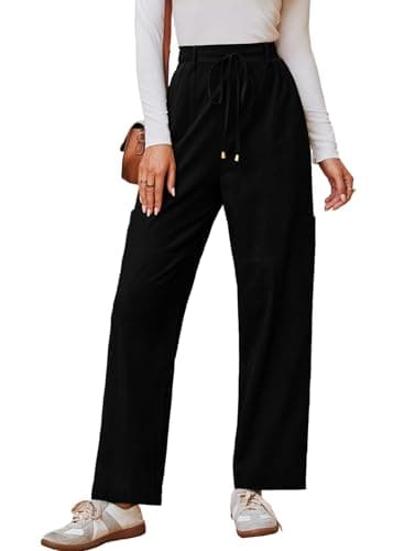 Dokotoo Linen Pants Women High Waisted Drawstring Stretch Pants Casual Loose Outdoor Travel Trousers Elastic Waistband with 4 Pockets Black - Image 1