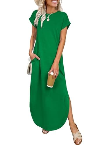 ANRABESS Womens Summer Maxi Dress 2026 Casual Short Sleeve Loose Split Wrinkle-Free Beach Vacation Long Sundress with Pockets Green XX-Large - Image 1