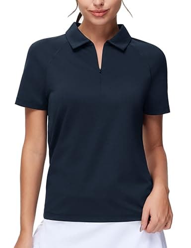 THE GYM PEOPLE Women's Short Sleeve Polo Shirts Zip Up Quick Dry Breathable Collared Golf Workout Tops Navy Blue - Image 1