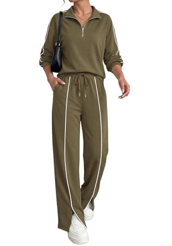 BTFBM Two Piece Sets for Women Fall Fashion 2026 Long Sleeve Half Zip Lounge Set Wide Leg Pants Vacation Airport Outfits (Army Green,Large) - Image 1