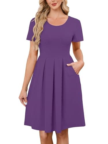 KORSIS Women Short Sleeve Dresses Purple Large Casual Round Neck A-Line Pleated Pockets Fall Dress Beach Vacation Sundress with Cardigan - Image 1