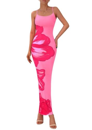 PRETTYGARDEN Womens Summer Floral Maxi Dress 2026 Sexy Spaghetti Strap Long Bodycon Mesh Party Beach Vacation Dresses(Pink Floral,XX-Large) - Image 1
