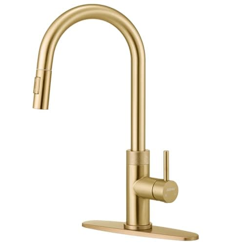 JOINMIX Brushed Gold Kitchen Faucet with Pull Down Sprayer, Patented Above-Counter Install, Modern Single Handle High Arc Stainless Steel Sink Faucet with Deck Plate for 1 or 3 Hole Sinks - Image 1