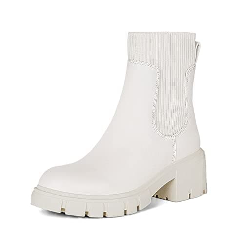 Athlefit Women's White Chelsea Boots Fall Platform Ankle Boots Slip on Chunky Lug Sole Boots - Image 1
