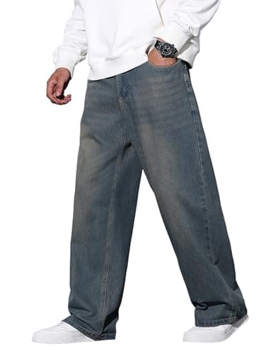 QGRSWBC Men's Baggy Jeans Wide Leg Loose Fit Jeans Y2K Vintage Denim Pants Streetwear Retro Blue - Image 1