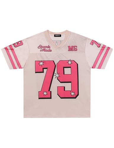 Vamtac Jersey Shirts for Men Y2k Oversized Graphic Mesh Jersey Tshirts 90s Drop Shoulder V Neck Summer Tee Pink - Image 1