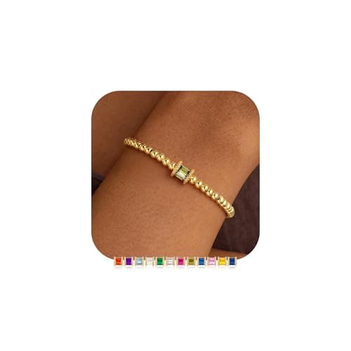M MOOHAM August Green Peridot Birthstone Bracelets for Women, Dainty Elastic 14k Real Gold Plated Beaded Bracelets Non Tarnish, Friendship Birthday Jewelry Gifts for Women - Image 1