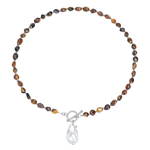 Beaded Necklaces for Women with Baroque Pearl, Turquoise Amethyst Lapis lazuli Tiger Eye Handmade Boho Bead Choker Necklace, Natural Stone Summer Jewelry Birthday Mother Gift for Women - Image 1