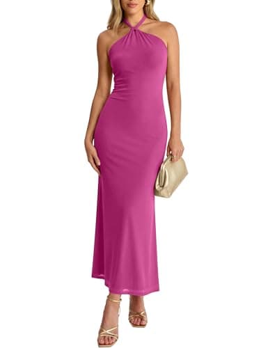 Prinbara Womens Halter Neck Bodycon Maxi Dresses 2026 Summer Mesh Backless Elegant Formal Wedding Guest Party Club Long Dress Hot Pink X-Large - Image 1