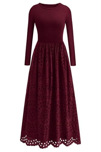 dowerme Women Spring Dresses 2026 Casual Long Sleeve Crewneck A-Line Boho Eyelet Cotton Maxi Wedding Guest Dress Pockets(Dark Red,Small) - Image 1