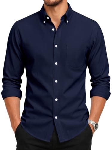 GIANZEN Dark Navy Blue Dress Shirt Men Mens Button Up Shirts for Long Sleeve Down Casual Slim Fit Wrinkle Free Work Oxford Navy Blue Size M Tall - Image 1