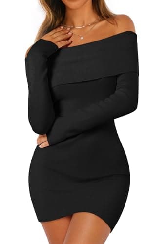 MEROKEETY Women's Sexy Off Shoulder Sweater Dress 2026 Winter Spring Long Sleeve Bodycon Club Night Out Mini Dresses, Black, Small - Image 1