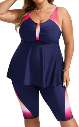 Hanna Nikole Two Piece Tankini Swimsuit for Women Loose Fit Swimming Suit Flowy Swim Tank Top with Boyshorts Navy&Pink Gradient L - Image 1