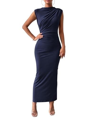 BTFBM Women Ruched Bodycon Maxi Dresses Summer Casual Sleeveless Lightweight Slit Elegant Cocktail Wedding Guest Dress(Navy, Large) - Image 1