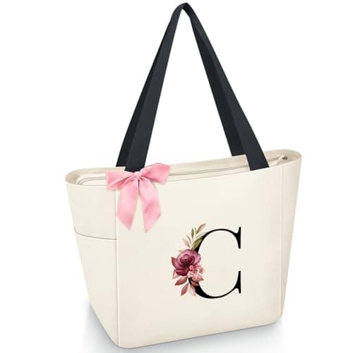Vavabox Tote Bag, A-Z Initial Monogrammed Waterproof Tote Bag, Bridesmaid Gifts for Women, Black and Pink (C, Beige) - Image 1