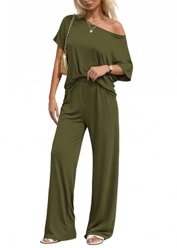 KIRUNDO Lounge Sets for Women Airport Travel Outfit 2026 Summer Off the Shoulder Tops Wide Leg Pants 2 Piece Matching Set(Army Green, X-Large) - Image 1