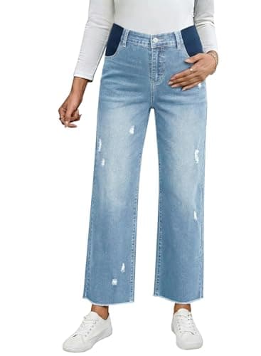 BLENCOT Women's Maternity Ripped Denim Capris Under Belly Stretchy Waist Wide Leg Raw Hem Cropped Ankle Pants Summer Casual Pregnancy Essentials Iceland Blue M - Image 1