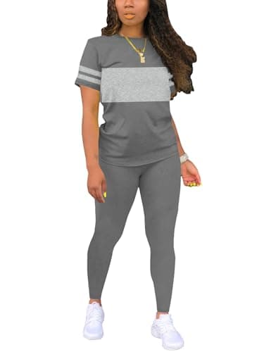 Hakubeby Two Piece Sets for Women Summer Short Sleeve Striped Crewneck Slim Fit Active Casual Sweatsuits Grey Large