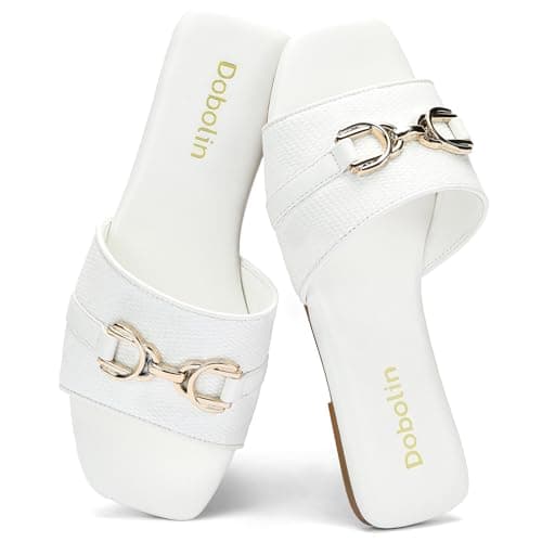 DOBOLIN Women's Raffia Flat Sandals Wide Width Slip On Slides Open Square Toe Woven Sandals with Metal Horsebit for Casual Summer Beach White Size 6-11 - Image 1