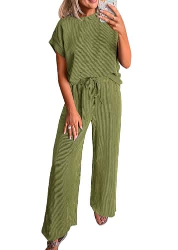 KIRUNDO 2 Piece Sets for Women Dressy Casual Ribbed Knit Short Sleeve Tops Wide Leg Pants Lounge Set Travel Airport Outfits(Army Green, X-Large) - Image 1