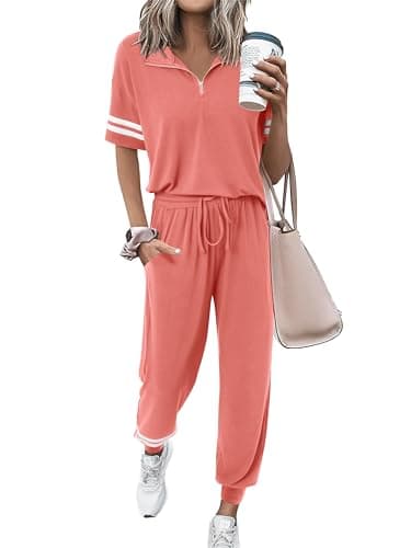 MASCOMODA Womens Two Piece Outfits 2026 Summer Short Sleeve Quarter Zip Pullover Tops Jogger Pants Tracksuit Loungewear Set(Shrimp Pink,Medium) - Image 1